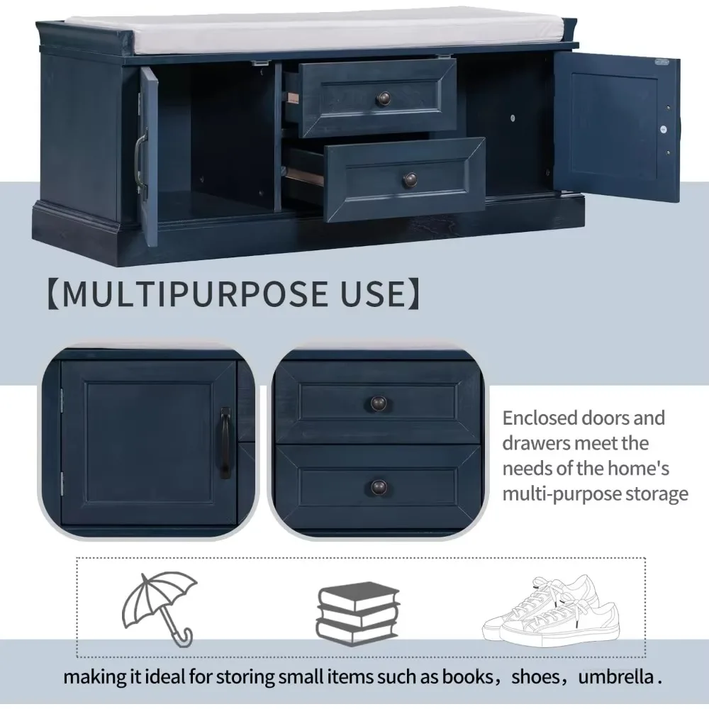 Storage Bench, Entryway Bench Shoe Bench with 2 Drawers, 2 Cabinets & Removable Cushion for Living Room