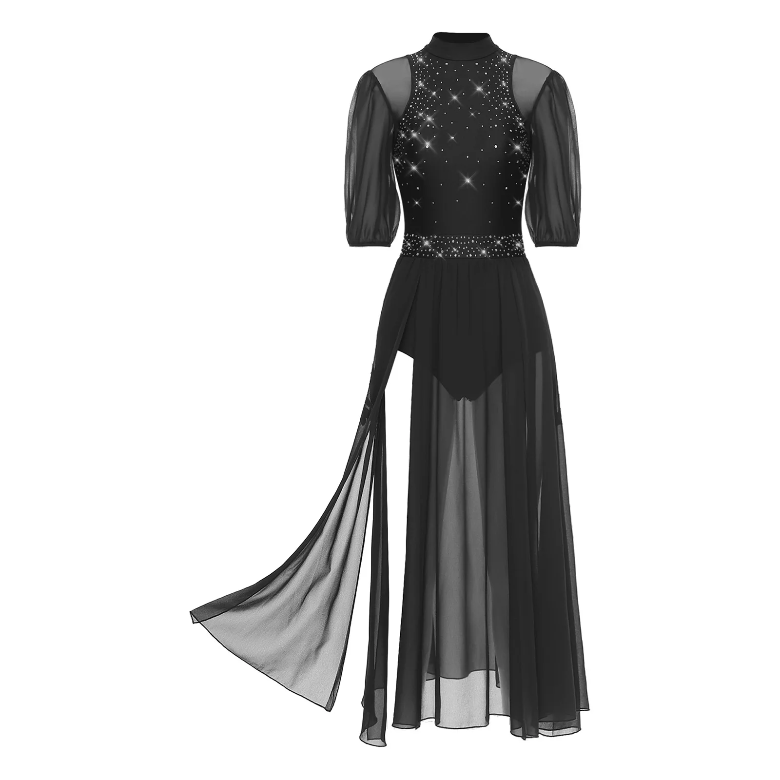 

Women Lyrical Modern Dance Dress Half Sleeve Rhinestones Flowy Hem Leotard Dress Skating Ballet Contemporary Dance Costumes