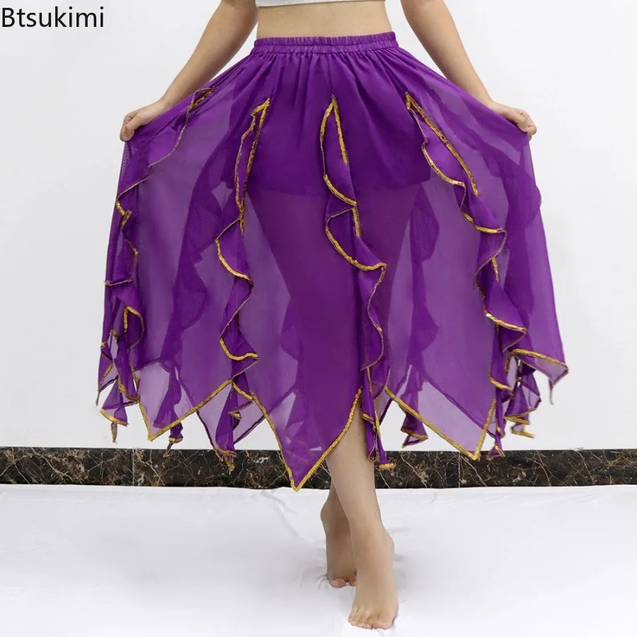 

Women's Belly Dance Irregular Skirt Sequins Chiffon Dancing Skirt Practice Stage Performance Costumes Fashion Dance Half Skirts