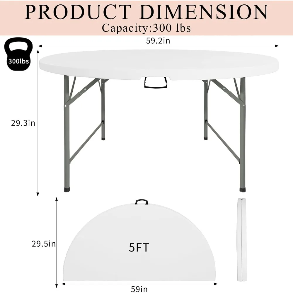 5 FT Round Folding Table White Portable Plastic Table for Outdoor Party