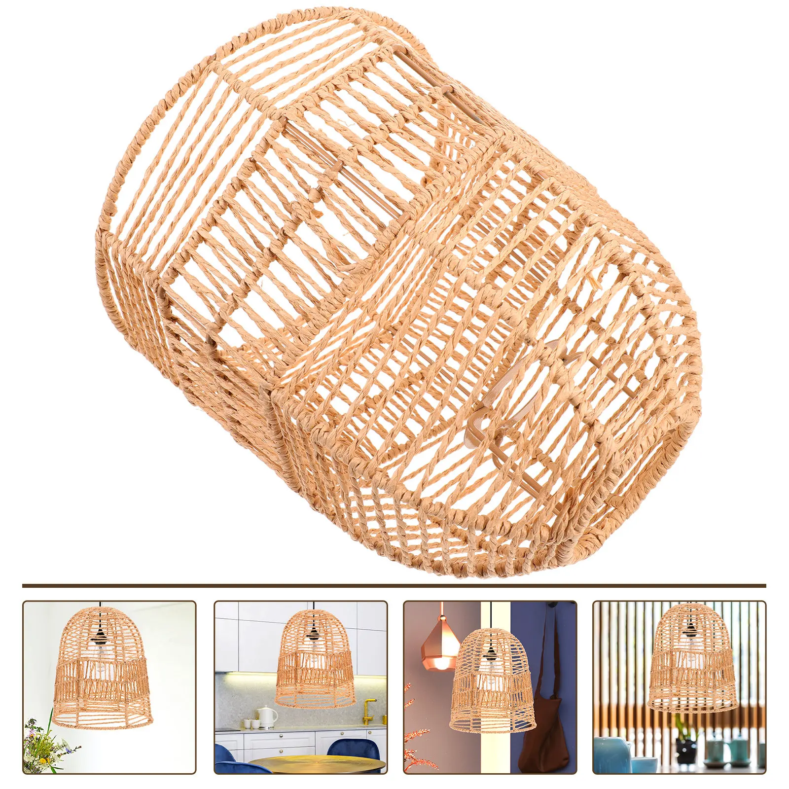 

Decorative Imitation Rattan Paper Rope Lampshade Sturdy Iron Frame Home Hanging Pendant Light Cover Warm Rustic Room Decor