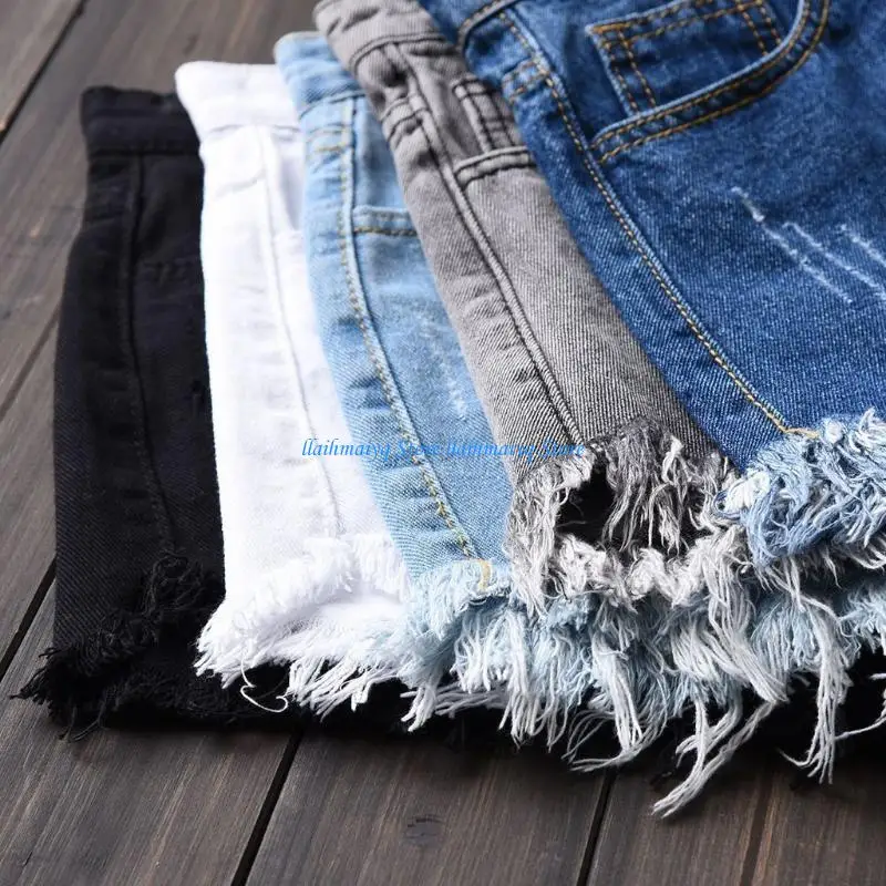 

573B Womens Sexy High Waist Tassel Ripped Jeans Summer Large Size Shorts Pants