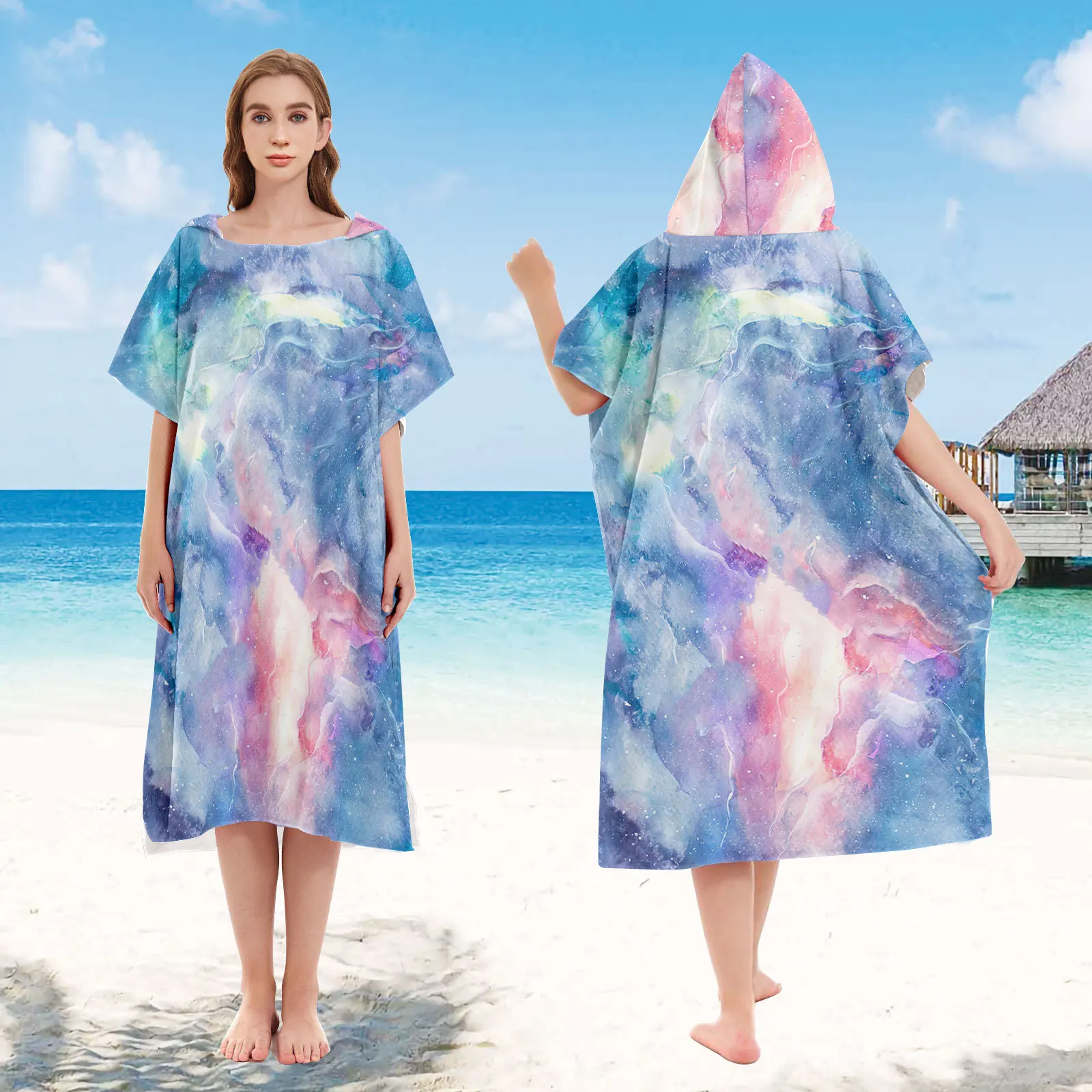 

Luxury Tie-Dye Beach Bath Towel Microfiber Quick Dry Hooded Cloak Wetsuit Adult Kids Parent-Child Gilding Bathrobe for Swim Surf