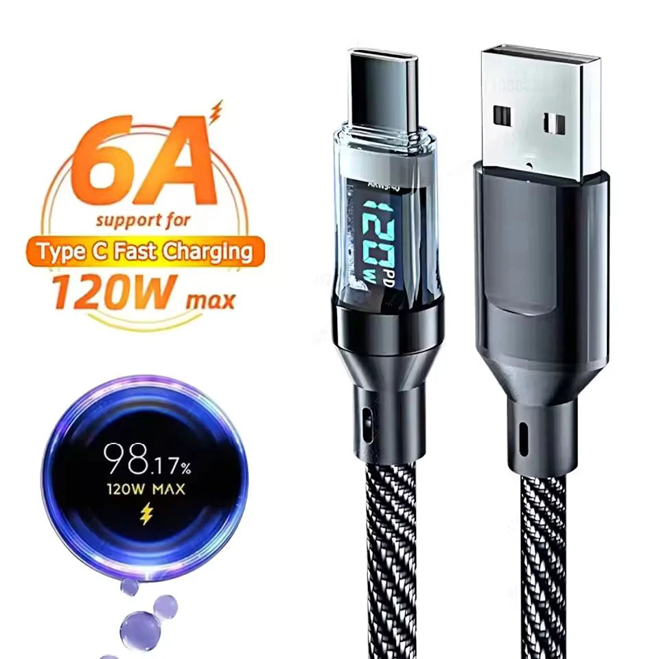 120 واط نوع C كابلات شحن سريع 6A USB إلى نوع C سلك بيانات لسامسونج Xiaomi ONEPLUS POCO مع شاشة ديجيتال Led كابل USB C