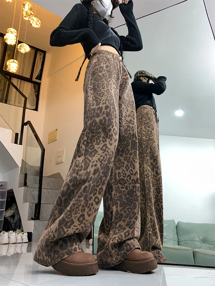 

Американские ретро-джинсы с леопардовым принтом, широкие, в стиле рабочей одежды, женские, с высокой талией, свободного кроя, стройнящие, струящиеся брюки, осенняя новинка, большие размеры