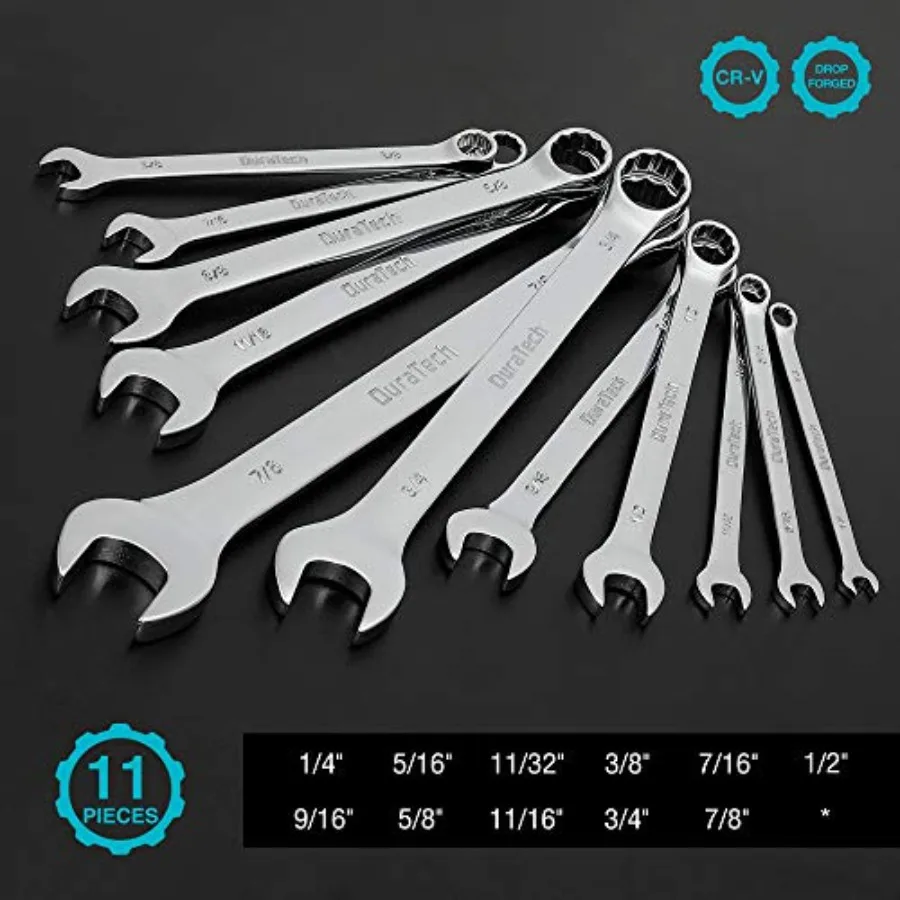 Combination Wrench Set, SAE, 11-Piece, 1/4'' to 7/8'', 12-Point, CR-V Steel, Organized in Wrench Holder