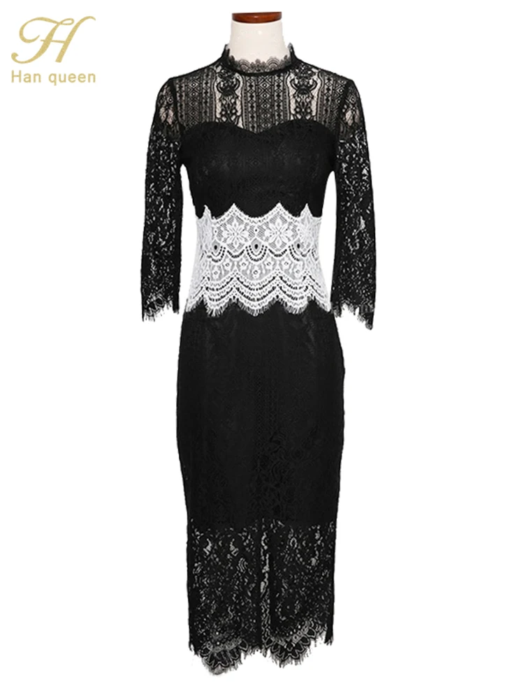 H Han Queen Spring Women Dress Vintage Elegant O-Neck Simple Sheath Pencil Bodycon Dresses Fashion Color Blocking Lace Vestidos