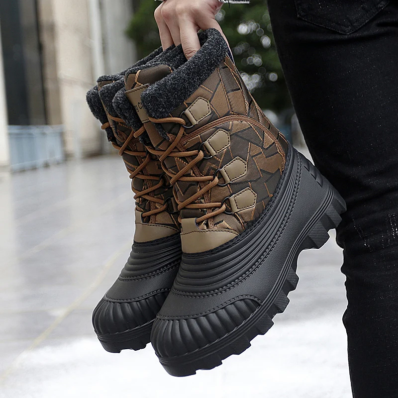 

High Top Winter Protection Warm Windproof Thick Plush Men's Outdoor Walking Shoes Waterproof High Top Boots Cotton Shoes Lace Up