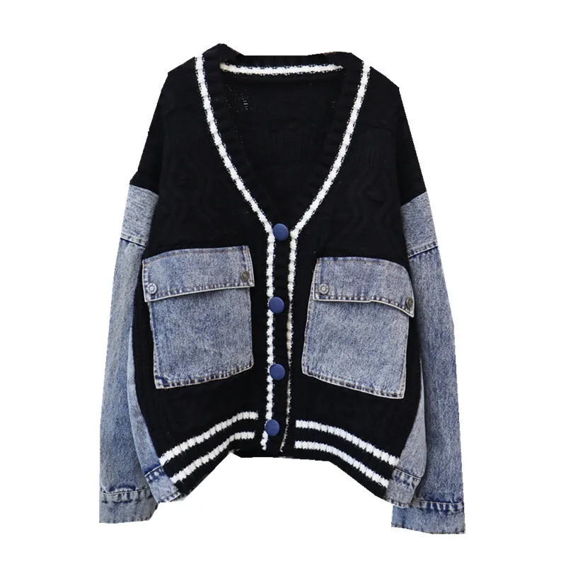 Fashion Women\'s Patchwork Denim Pockets Knit Striped Cardigan 2024 Autumn Trendy V-neck Long Sleeves Sweater Female 1LS022