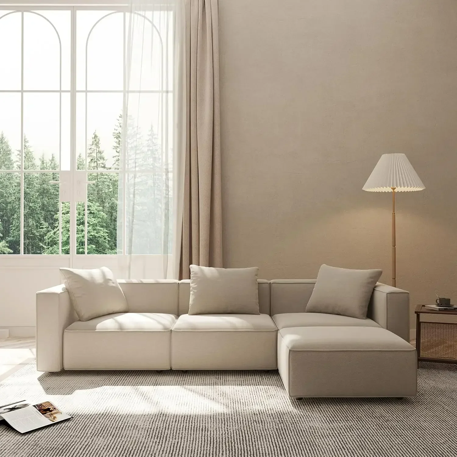 Luxury Modular Sectional Living Room Sofa Set, Modern Minimalist Style Couch with Ottoman and Chaise, L-Shape, Linen-Like Cream