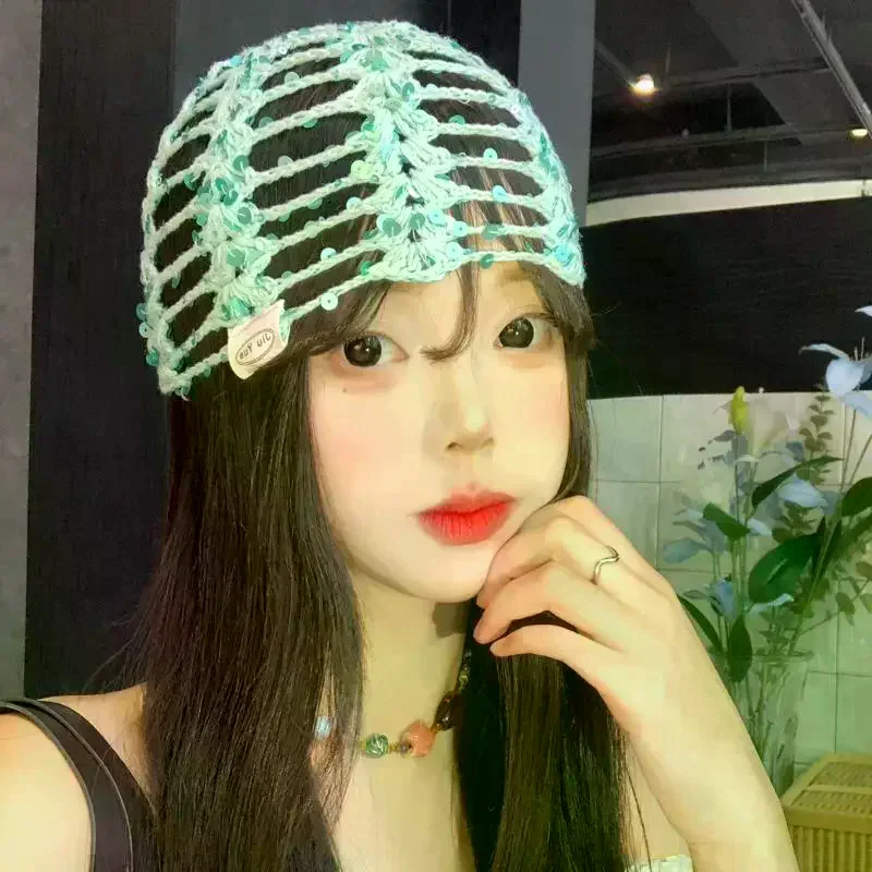 Vintage Sequined Hollow Knit Beanie Women Spring Summer Face Slimming Fashion Crochet Beanie Cap Triangle Scarf Belt Accessories