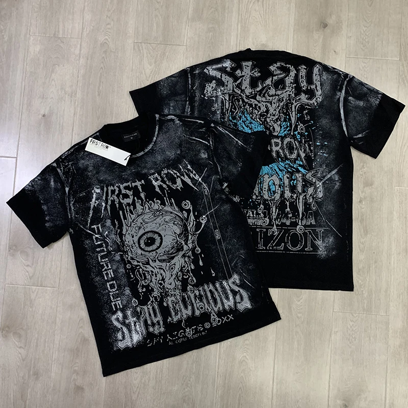 FIRST ROW T-shirt Y2k Street Trendy CURIOUS EYEBALL FOIL Print Tops Washed Do Old Cotton Tee Male Female First Row Short Sleeve