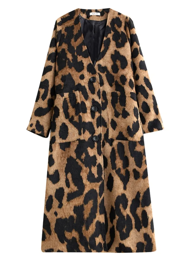 Oversized Autumn Leopard Print V-Neck Trench Coat Women Long Sleeve Modis Ladies Jackets Casual Loose Pleated Woman Trench Coats