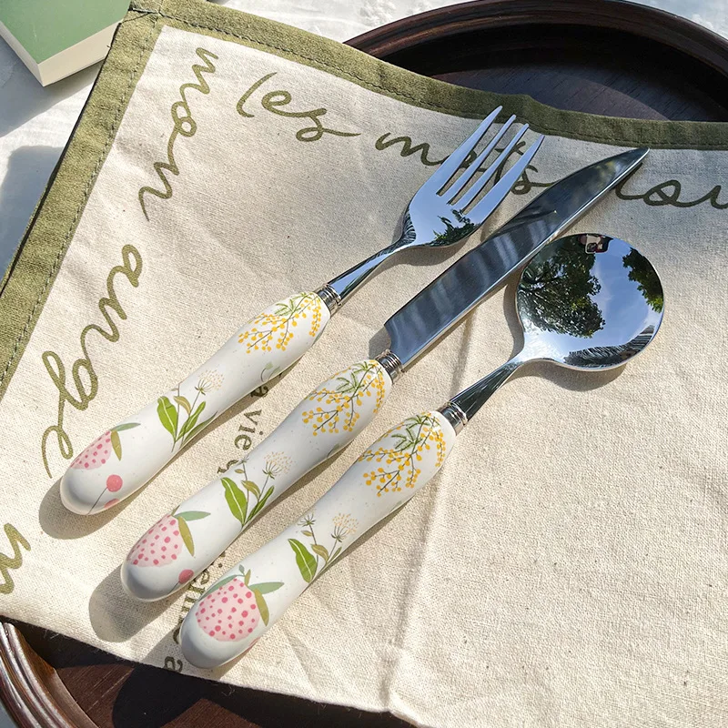 Dinner Spoon Dinner Fork Steak Knife Rice Spoon Ceramic Handle Stainless Steel Spoon Fork Knife Three Piece Set