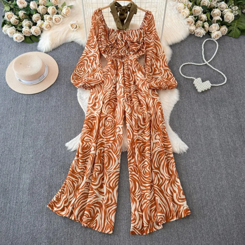 Fashion New Women Elegant Casual Floral Jumpsuit Long Sleeve Vintage Chic Wide-Leg Pants Overalls Female Clothes Rompers