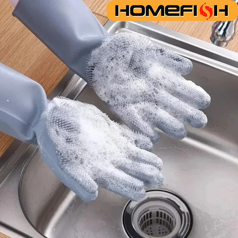 

Magic Silicone Dishwashing Gloves - Sponge Scrubber Rubber Gloves, Household Kitchen Cleaning Tools