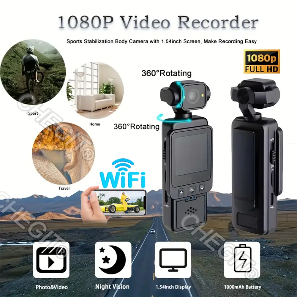 ポケットカム1080p-hdアクションカメラ360-°-回転式vlog-wifiミニスポーツカメラ、バッククリップ付き、ヘルメット、旅行、自転車、ドライブレコーダー