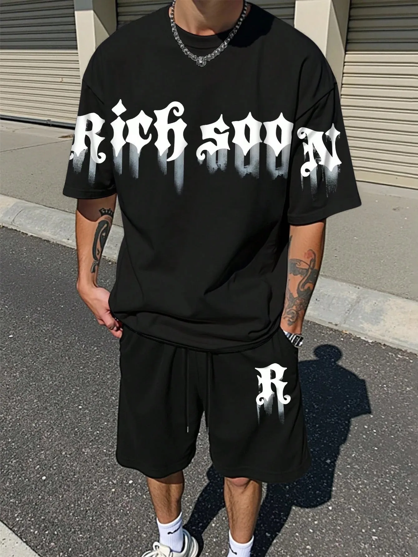 

2026 Summer New Men's Short-Sleeved Set with 3D Letter Pattern Print for Street Casual Fashion Comfortable and Soft