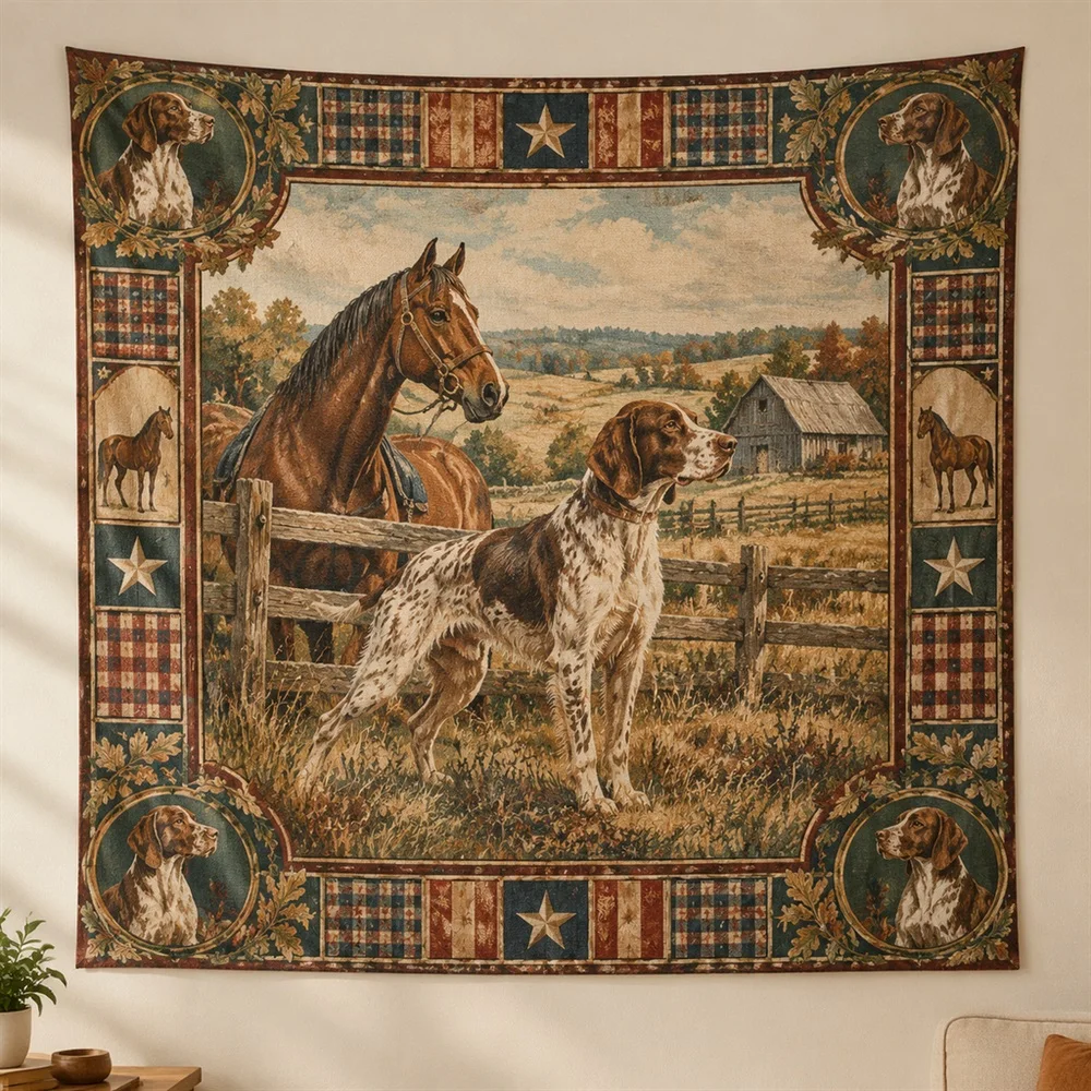 VIKAMA Hound and Horse Corner Motif American Tapestry Wall Hanging, Aesthetic American Room Decor Tapestries for Bedroom Nursery