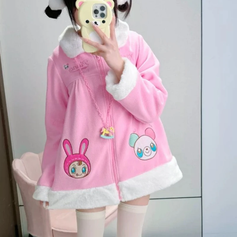 Winter Lolita Style Women Sweet Wool Jackets Japanese Y2k Aesthetic Plush Turn Down Collar Coats Kawaii Cartoon Embroidery Tops