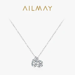 Ailmay 925 Sterling Silver Minimalist Round Cubic Zirconia Stackable Pendant Necklace For Women Wedding Statement Jewelry Gifts