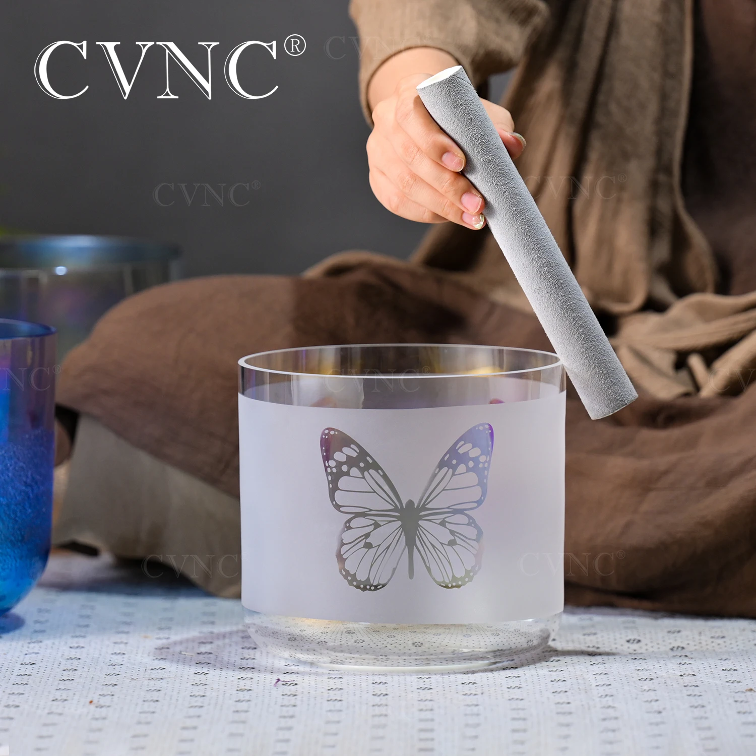 CVNC  7 Inch Dream Snowland Butterfly Clear Cosmic Light Quartz Crystal Singing Bowl for Meditation Sound Healing with mallet