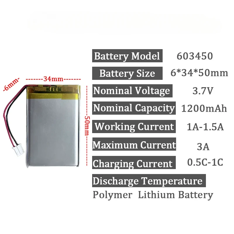 For MP3 Laptop PC Camera GPS Navigator 603450 3.7V 1500mAh Lithium Polymer LiPo Rechargeable Battery with Jst PH 2.0mm 2pin Plug