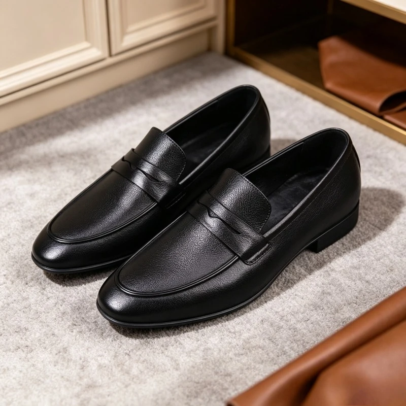 Men's Black Penny Loafers Genuine Leather Slip on Dress Shoes, Classic Point Toe Business Office Wedding Formal Footwear Comfort