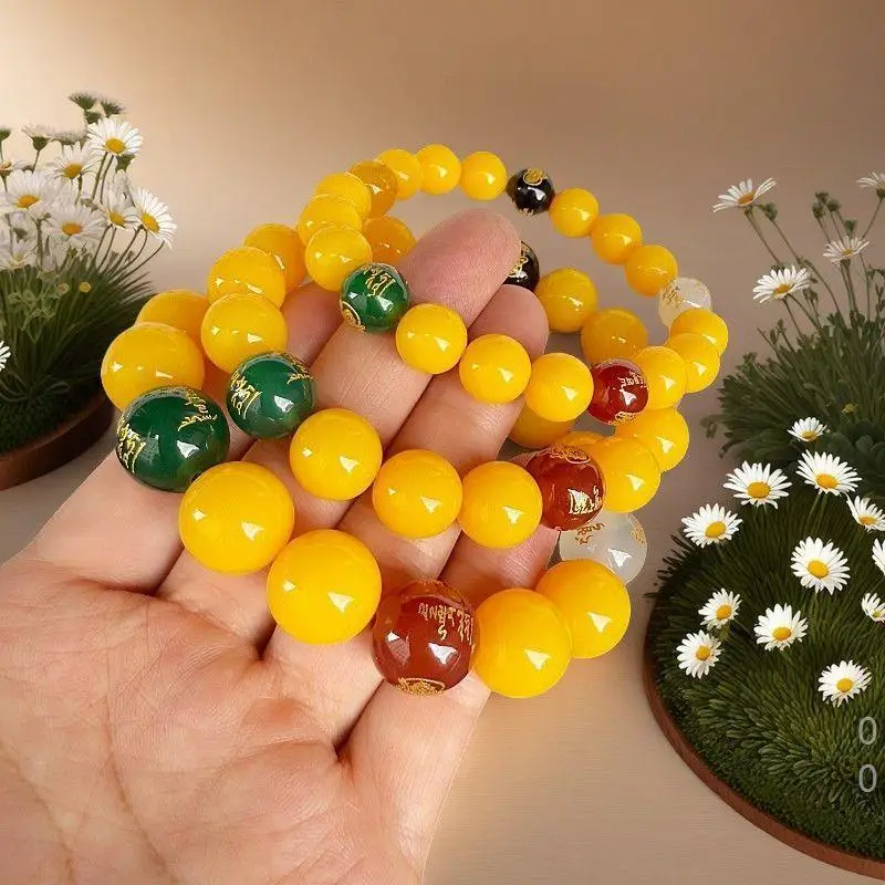 Pure beeswax , Russian material, enhanced amber in chicken fat yellow, Five-Way God of Wealth, unisex bracelet, or