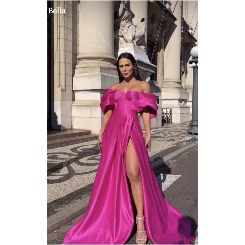 

Bella Customized Rose Red One Shoulder Strapless robes de soirée Shawl Side Slit Party Dresses Floor-Length A-line Prom Dress
