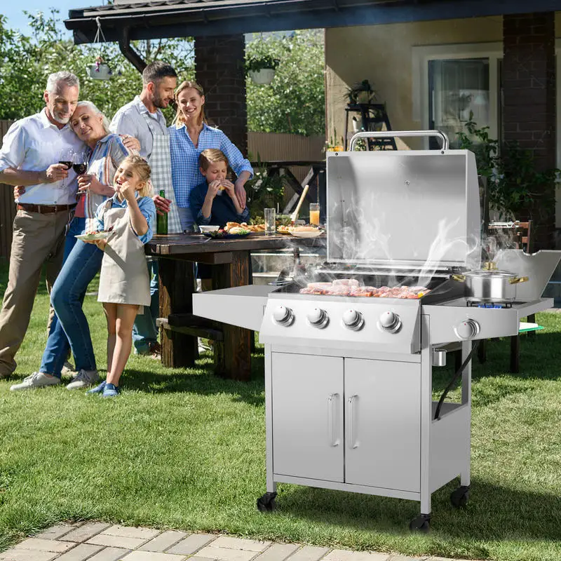 

50000BTU 5-Burner Propane Gas Grill with Side Burner and 2 Prep Tables-Silver