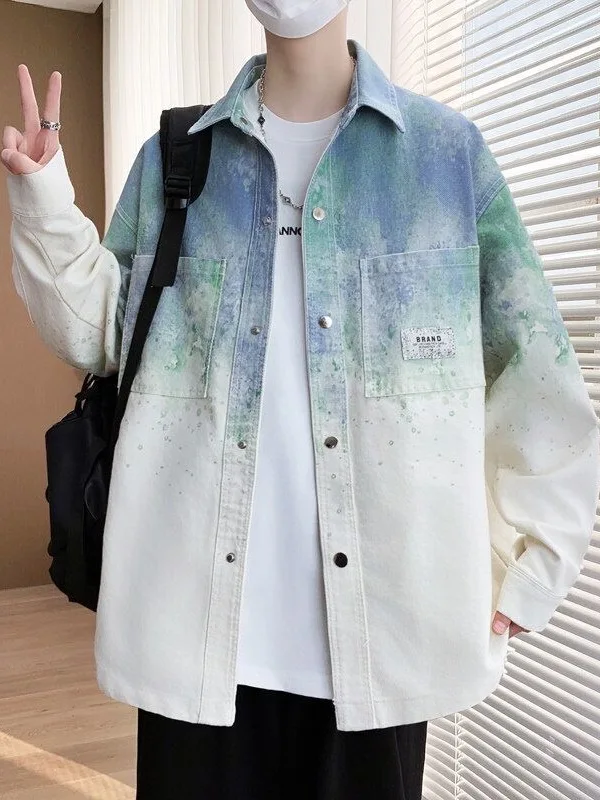 Loose Fit Gradient Color Men's Denim Jacket Long Sleeve Casual Workwear Jacket for Teenagers And Couples Spring Autumn