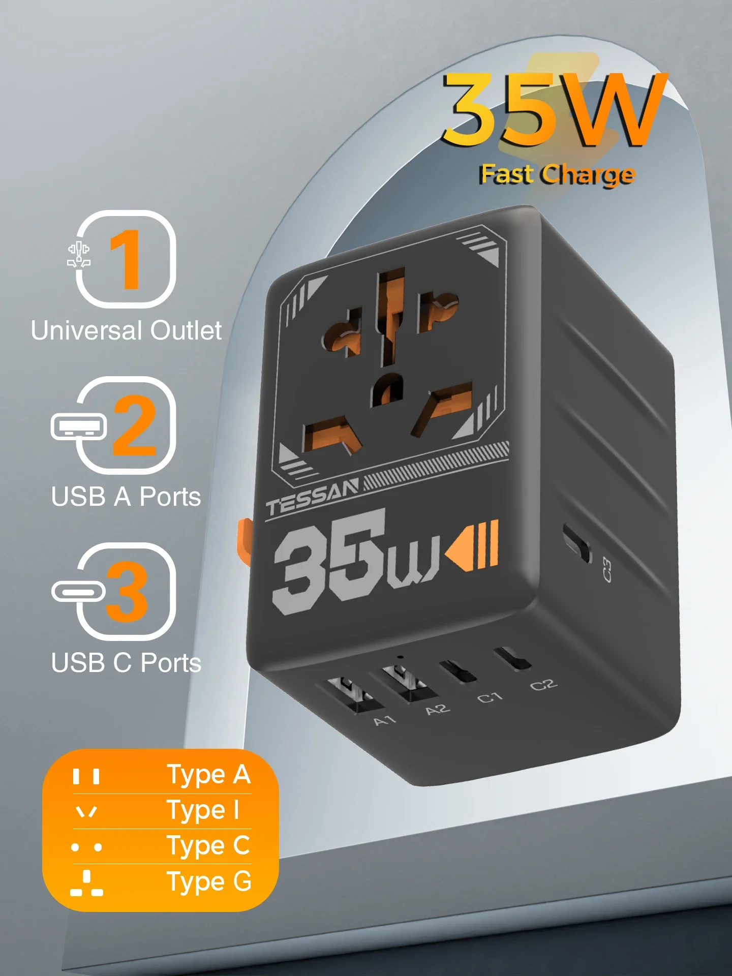 Uniwersalny adapter podróżny TESSAN GaN z wieloma portami USB do szybkiego ładowania Międzynarodowy adapter wtyczki 35W 65W Worldwide Power Outlet — zdjęcie produktu 7