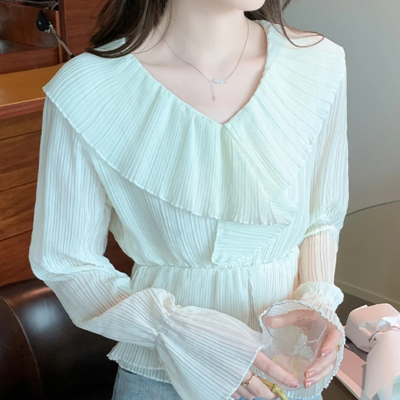 

Dropshipping Chiffon Blouses for Women Clothing Fashion Elegant Females Long Sleeves Tops V-Neck Solid Sweet Ruffle Pullover