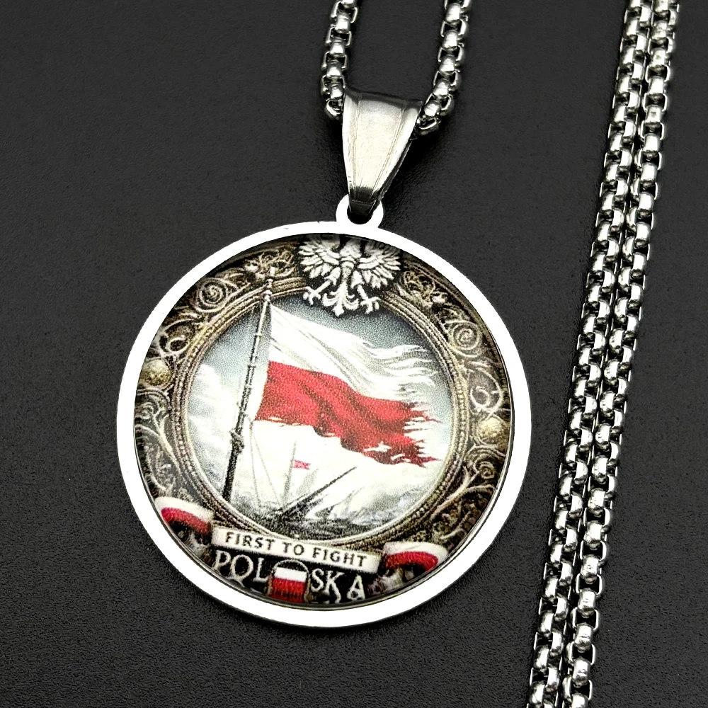 Poland Flag First To Fight Eagle Glass Pendant Necklaces for Women Men Gold Silver Color Stainless Steel Polska Chain Jewelry