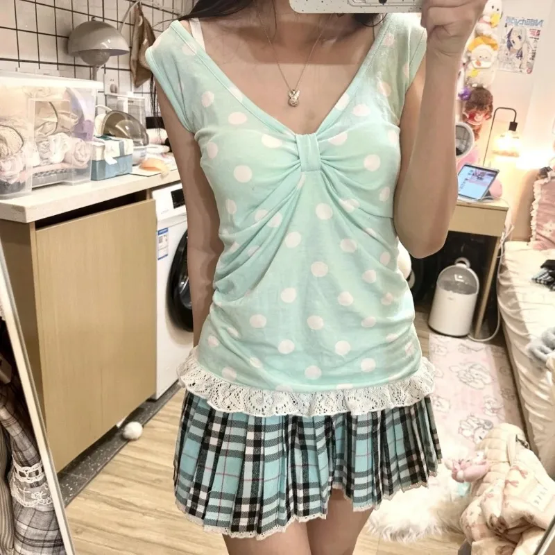 Women's Polka Dot Tank Top Bow Detail Lace Hem Sleeveless Top for Daily