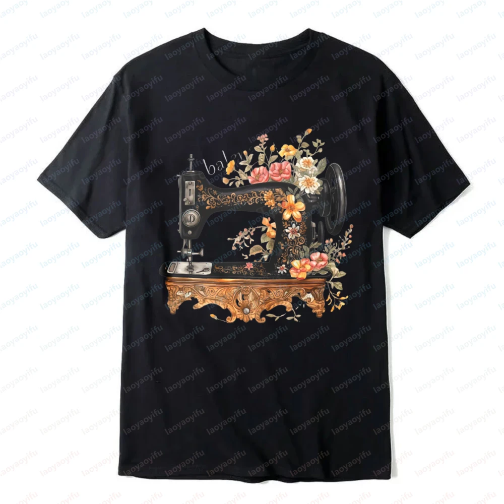 Vintage Sewing Machine Floral Printed Women's T-Shirt Nostalgia Heritage Classic Cotton Summer Fashion Funny O-neck Casual Tops