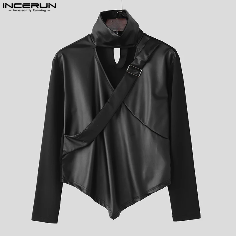 INCERUN Tops 2025 American Style Fashion Men's Faux Leather Design Hollow T-shirts Casual Sexy Male Solid Long Sleeved Camiseta