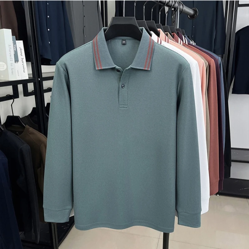 قميص بولو بياقة متباينة للرجال، أرجواني مع حواف بيضاء، ألياف بوليستر جديدة 100%، جودة الميدالية الذهبية، كم طويل للأعمال #1