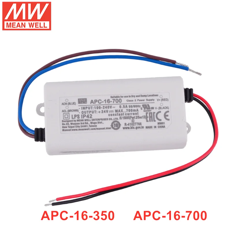 MEAN WELL APC-16 Series 16W 350mA 700mA Constant Current Output Power Supply LED Driver APC-16-350 APC-16-700