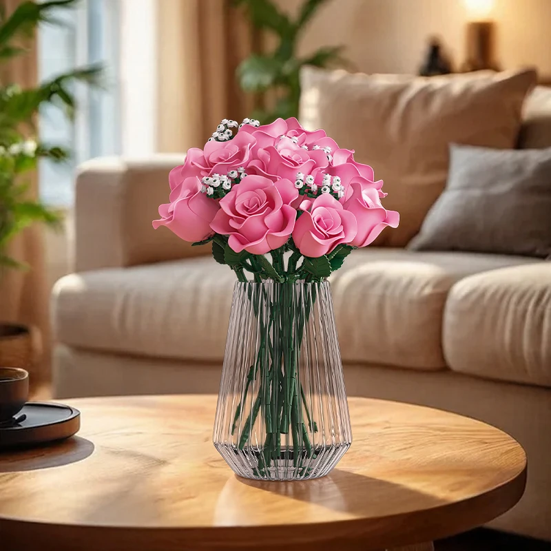 Conjunto de blocos de construção de flores preservadas em rosa rosa e preta, ornamento de modelo de mesa criativo, adequado para presentes e coleção.