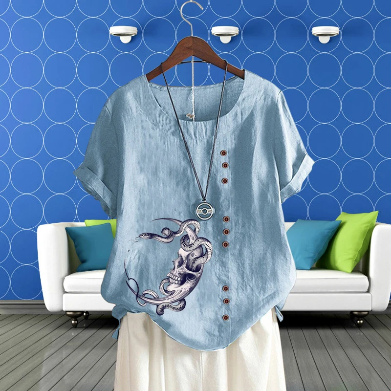 Camiseta con estampado de cuello redondo para mujer, ropa informal holgada de lino y algodón, jersey de manga corta con patrón de Calavera, Top para verano