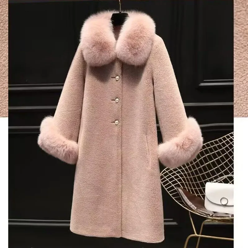 Ladies Imitation Fox Fur Collar Outwear 2024 Women Medium Long Styles Granular Velvet Coat Winter Female Loose Faux Fur Jacket