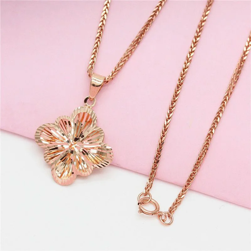 Plated 14K Rose Gold Shining Classic Necklace clavicle chain 585 Purple Gold Fashion hollow out Flower Pendant Wedding Jewelry