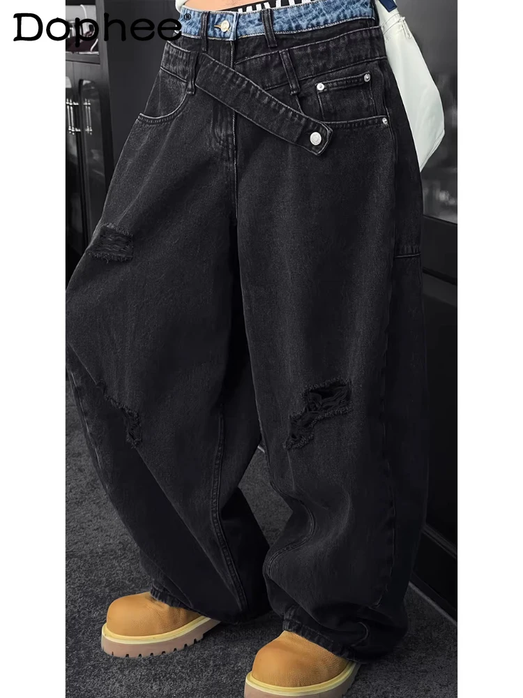 

Men 2026 Spring New Fashion Denim Pants Simple Solid Color Hole Splicing Loose Wide Leg Jeans Pocket Decoration Denim Trousers