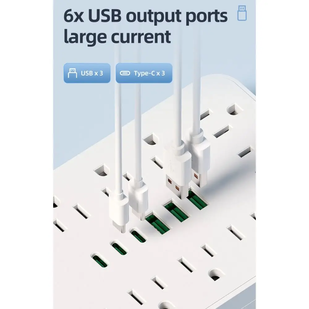19 In 1 Surge Protector Power Strip USB-A Ports Multiple Outlets Desktop Power Outlet Extender US Plug Type