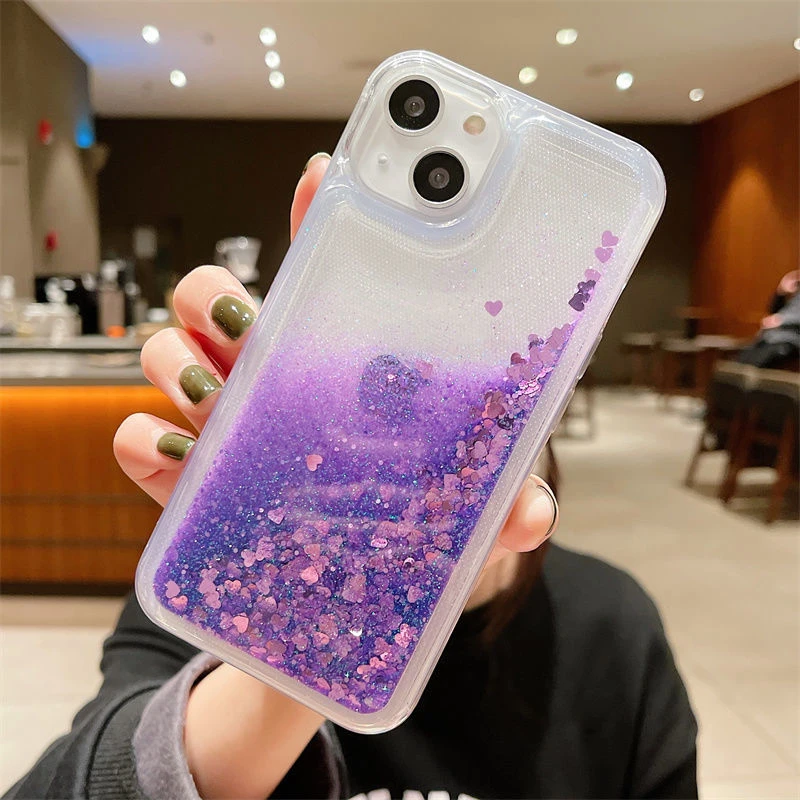 Sequins quicksand liquid cases for iphone 13 14 15 pro max phone case women glitter float love heart coque iPhon 12 15 hood soft