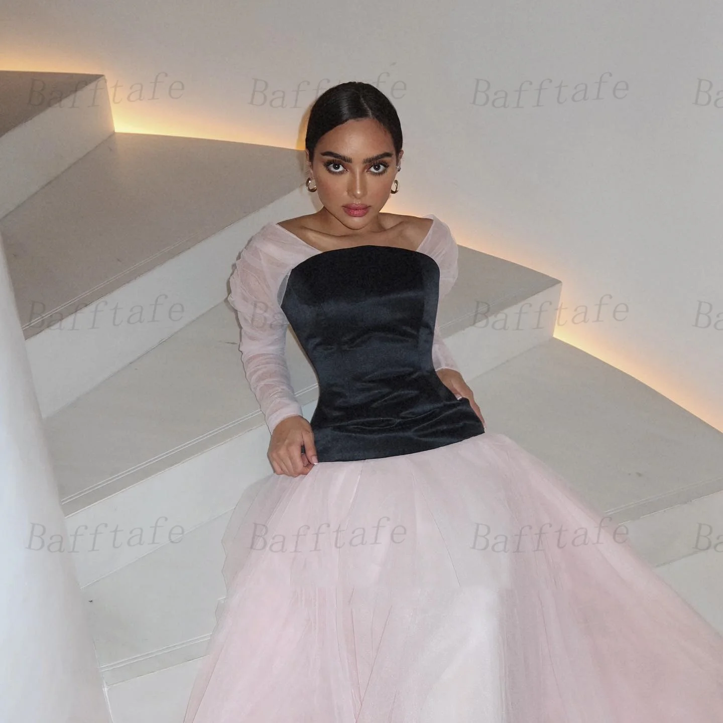 Bafftafe Customized Pink Tulle Black Satin Women Prom Dresses Long Sleeves Corset Back Formal Evening Party Special Gowns