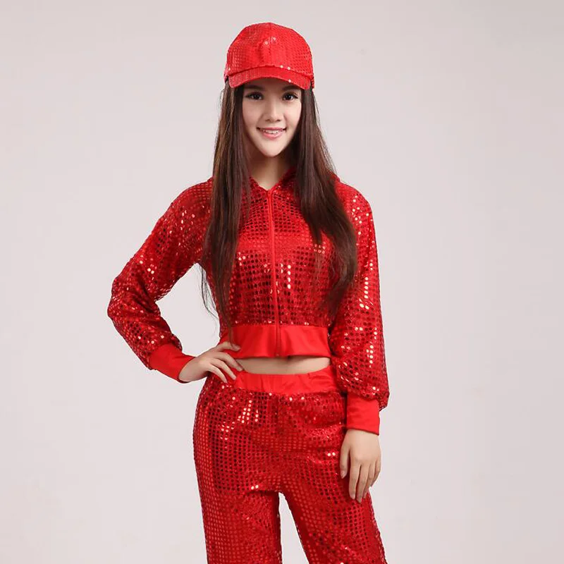 Ragazza donna moderna paillettes Hip Hop danza top + pantaloni Costume uomo Party Performance Dance Wear adulto Jazz Dance abbigliamento Costume