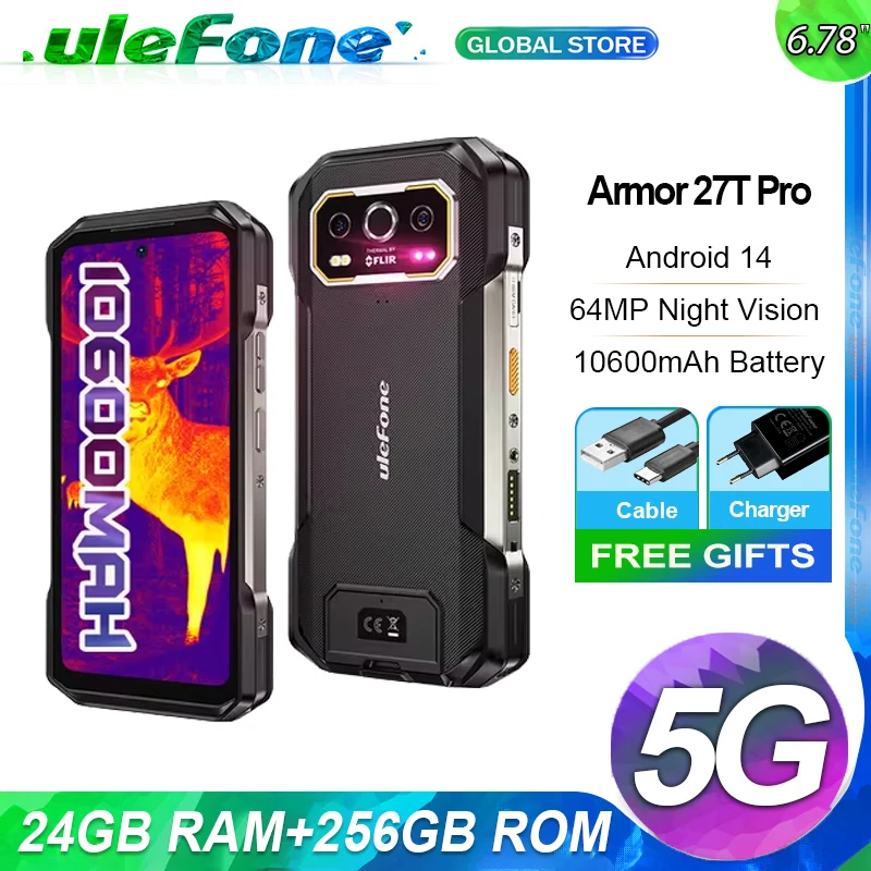 Ulefone Armor 27T Pro 5G THERMAL BY FLIR® Rugged Phone 10600mAh Android 14 Smartphone 64MP 6.78" 24GB+256GB NFC Mobile Phone